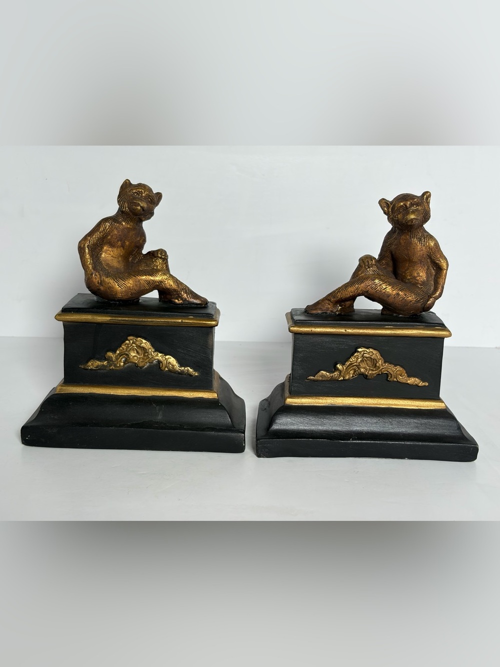 Sterling Industries Monkey Bookends Gold & Black Hollywood Regency Pair Vintage